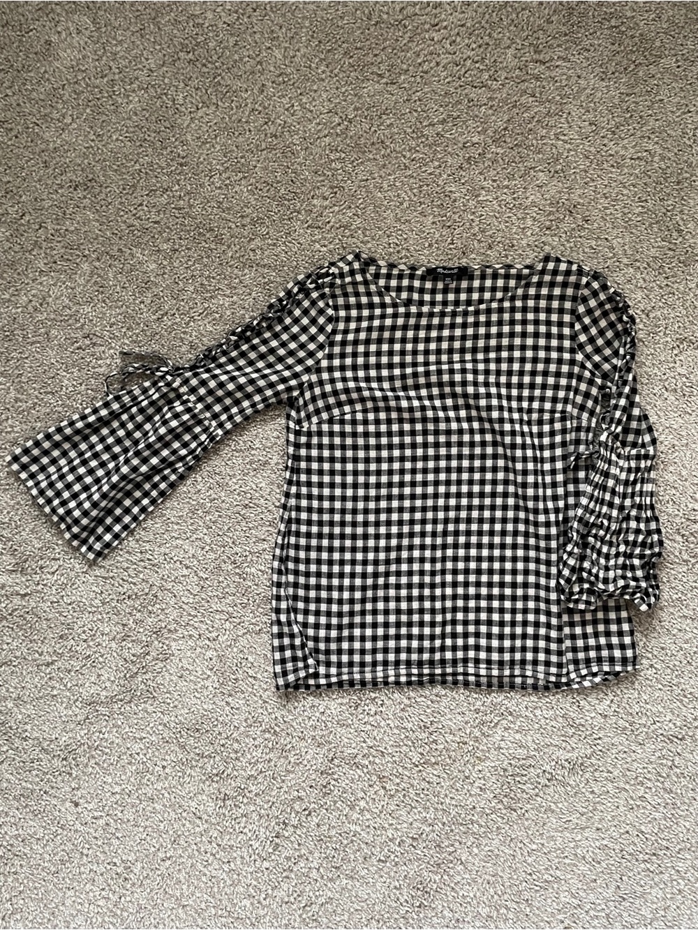 Madewell Gingham Lace-up Bell Sleeve Top in XXS Black & White